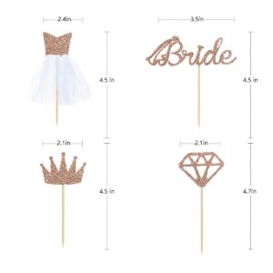 32 Rose Gold Glitter Bride To Be Cupcake Toppers with Diamond,Crown,Bride,3D Tulle Dress Cupcake Toppers for Bridal Shower Supplies, Wedding Engagement, Bachelorette Party Decorations