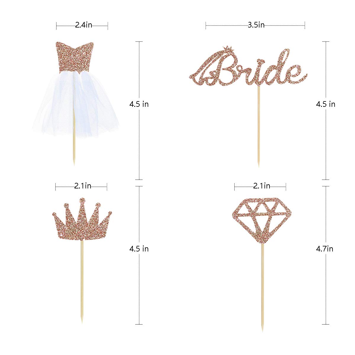 32 Rose Gold Glitter Bride To Be Cupcake Toppers with Diamond,Crown,Bride,3D Tulle Dress Cupcake Toppers for Bridal Shower Supplies, Wedding Engagement, Bachelorette Party Decorations