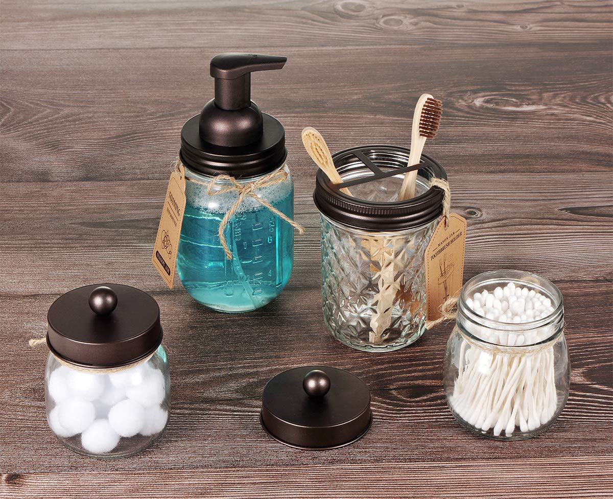 Mason Jar Foaming Soap Dispenser Lids -Bronze -Rustproof Stainless Steel Lid/Plastic Pump,with Waterproof Chalkboard Labels Stickers - Rustic Farmhouse Décor Bronze Bathroom Acces-sories/Bronze