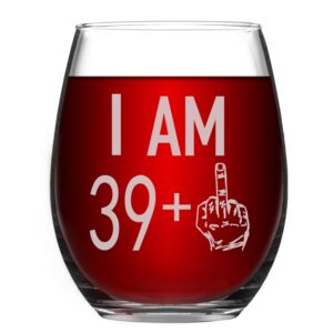 heshs wine glass 39 + one middle finger 40th wine glass for men women, funny stemless wine glass for friend wine lover turning 40 perfect party decoration big capacity better sober up 15oz