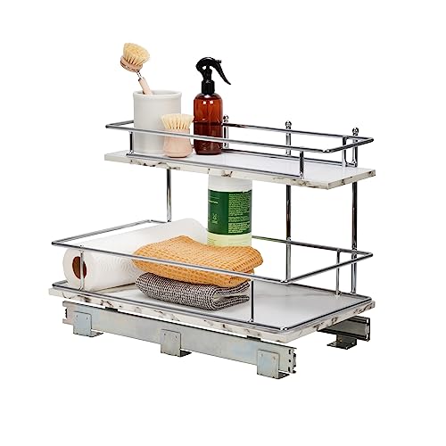 Household Essentials Glidez Chrome-Plated Steel and Faux Marble Pull-Out/Slide-Out Storage Organizer for Under Sink or Cabinet - 2-Tier Design - Fits Standard Size Cabinet or Shelf, White and Chrome