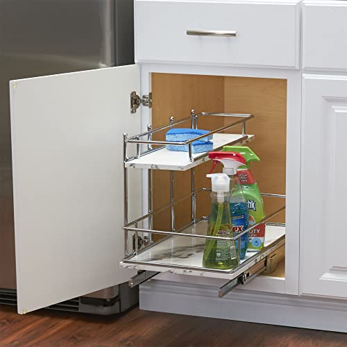 Household Essentials Glidez Chrome-Plated Steel and Faux Marble Pull-Out/Slide-Out Storage Organizer for Under Sink or Cabinet - 2-Tier Design - Fits Standard Size Cabinet or Shelf, White and Chrome