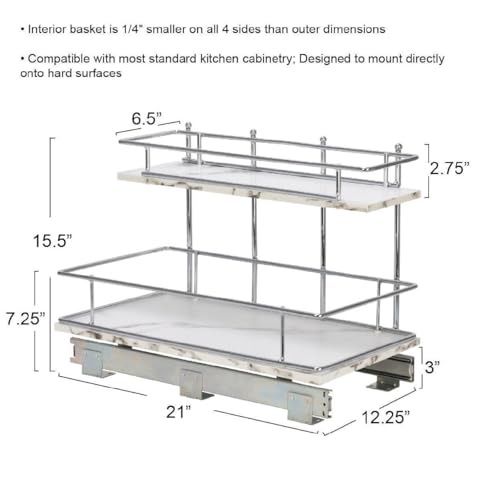 Household Essentials Glidez Chrome-Plated Steel and Faux Marble Pull-Out/Slide-Out Storage Organizer for Under Sink or Cabinet - 2-Tier Design - Fits Standard Size Cabinet or Shelf, White and Chrome