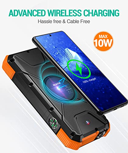 BLAVOR Solar Power Bank, PD18W QC3.0 Fast Charging 10W Wireless Charger 20000mAh Solar Powered Powerbank with Type C Input/Output, IPX5 Waterproof, Camping Flashlight, Compass, Carabiner