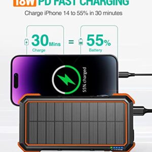 BLAVOR Solar Power Bank, PD18W QC3.0 Fast Charging 10W Wireless Charger 20000mAh Solar Powered Powerbank with Type C Input/Output, IPX5 Waterproof, Camping Flashlight, Compass, Carabiner