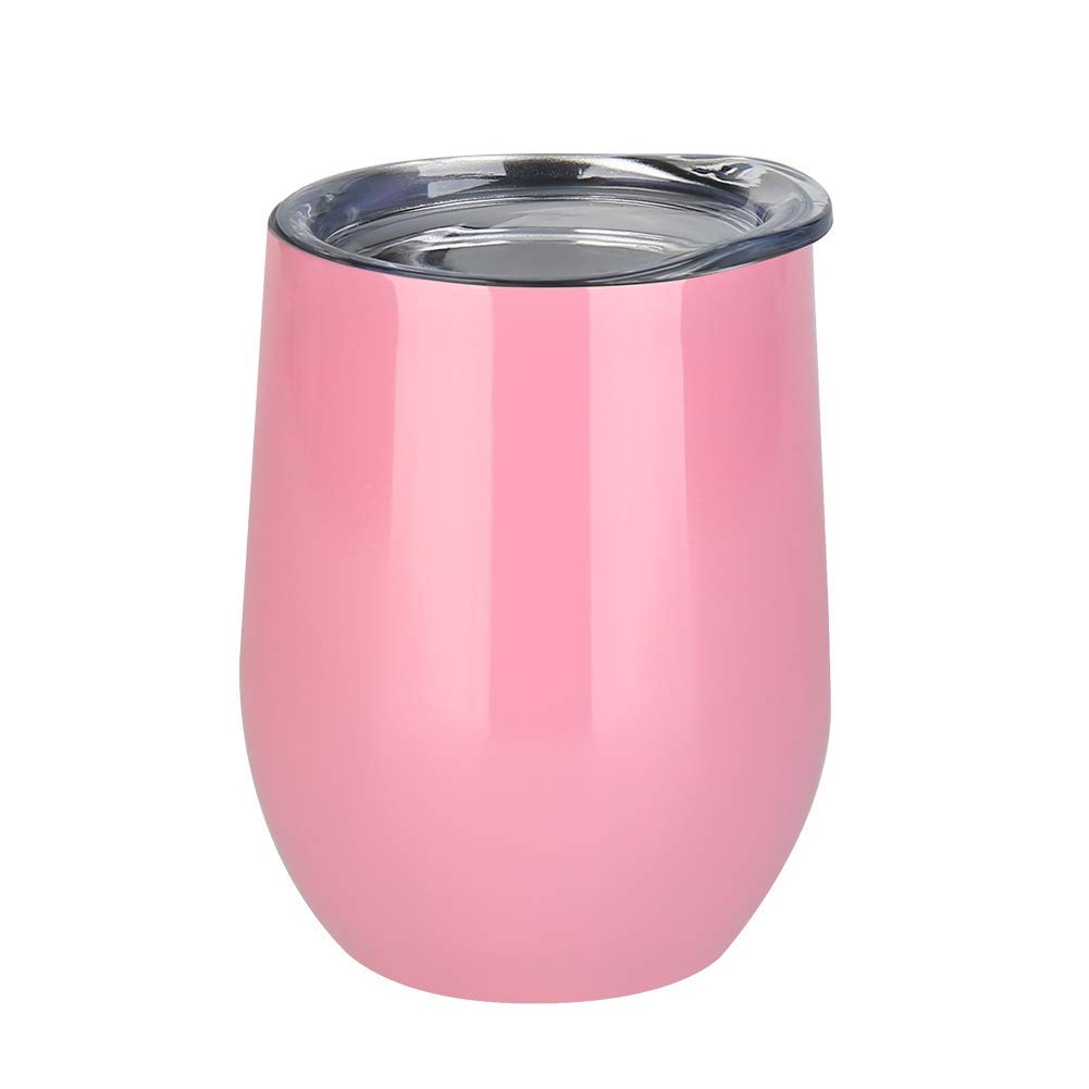 Stainless Steel Stemless Wine Glass Tumbler with Lid, 12 oz | Double Wall Vacuum Insulated Travel Tumbler Cup for Coffee, Wine, Cocktails, Ice Cream - Pink