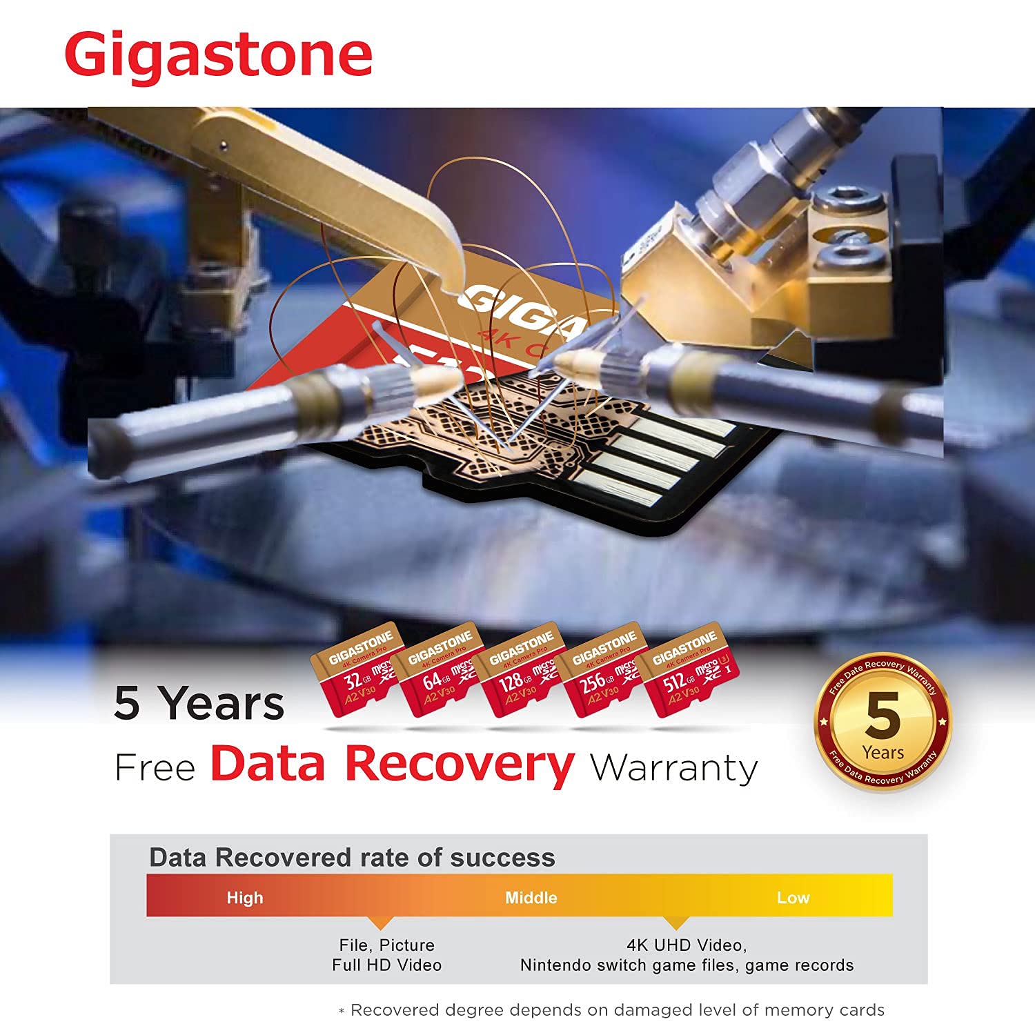 [5-Yrs Free Data Recovery] Gigastone 512GB Micro SD Card, 4K Camera Pro, A2 V30 for Smartphone, Gopro, Action Cams, 4K UHD Video, For Nintendo-Switch, Up to 100MB/s, UHS-I U3 C10 Class 10 with Adapter