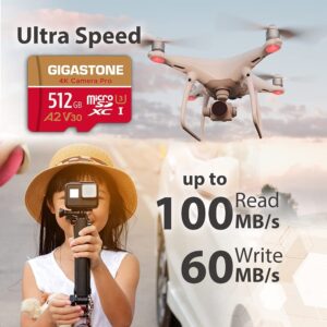 [5-Yrs Free Data Recovery] Gigastone 512GB Micro SD Card, 4K Camera Pro, A2 V30 for Smartphone, Gopro, Action Cams, 4K UHD Video, For Nintendo-Switch, Up to 100MB/s, UHS-I U3 C10 Class 10 with Adapter