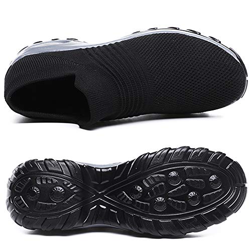 K&T Womens Cushion Walking Shoes Sock Sneakers Tennis Shoes Mesh Slip On Loafers Lightweight Fashion Nursing Girls Wedge Platform Dance Shoes, Black, 7 M US