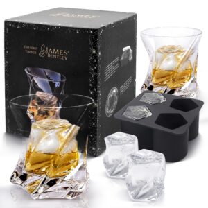 star whiskey glasses heavy tumbler – elevate your drinking experience whiskey set of 2 hand blown, cystal, bourbon glass (7oz) w/ matching ice mold glassware sets gifts for men, rock glasses