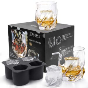 james bentley glass vride heavy tumbler – elevate your drinking experience with our whiskey set of 2 hand blown, double wall glass tumbler (9.5oz) with ice mold tray - whiskey glasses for men