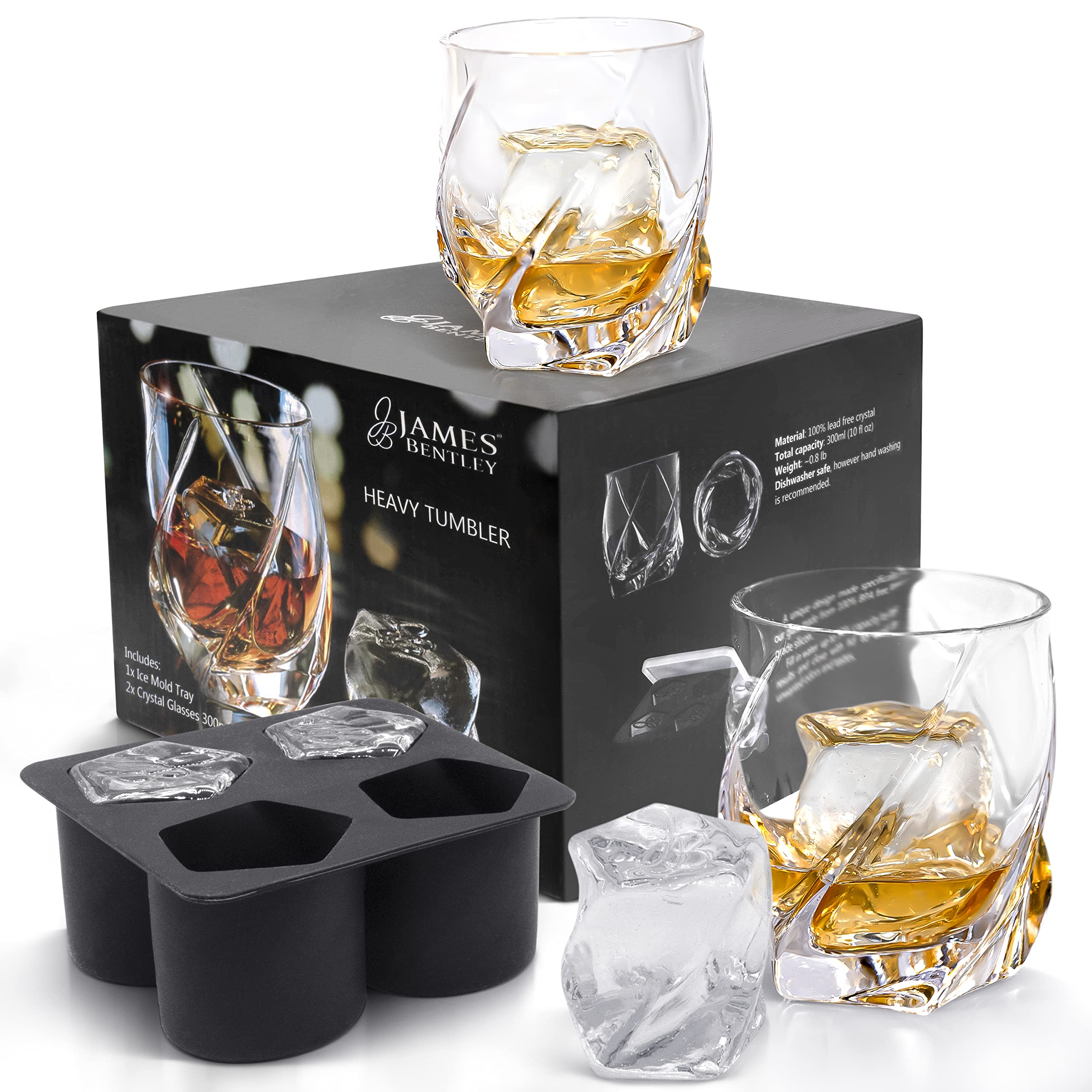 JAMES BENTLEY Glass Vride Heavy Tumbler – Elevate your Drinking Experience with our Whiskey Set of 2 Hand Blown, Double Wall Glass Tumbler (9.5oz) with Ice Mold Tray - Whiskey Glasses for Men