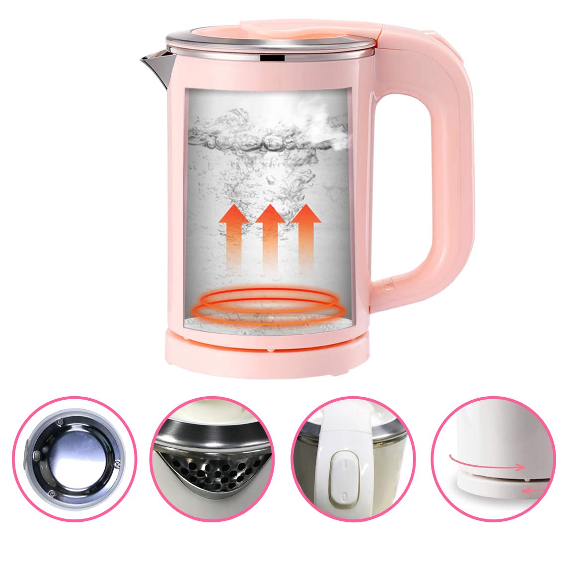 EAMATE 0.5L Portable Travel Electric Kettle Suitable For Traveling Cooking, Boiling (Pink)