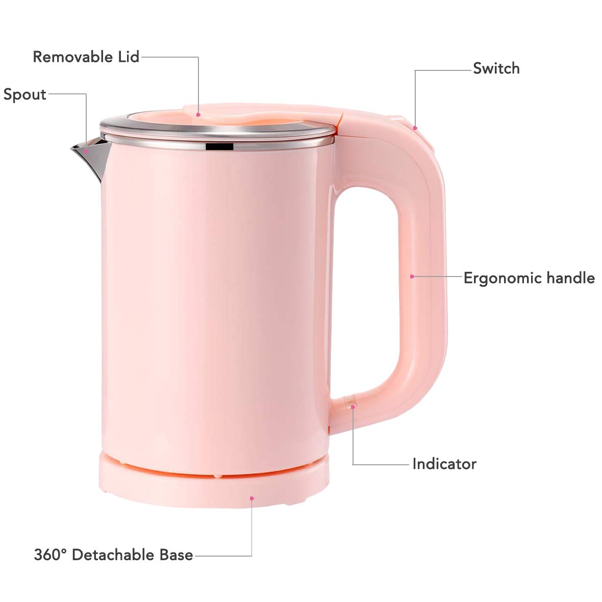 EAMATE 0.5L Portable Travel Electric Kettle Suitable For Traveling Cooking, Boiling (Pink)