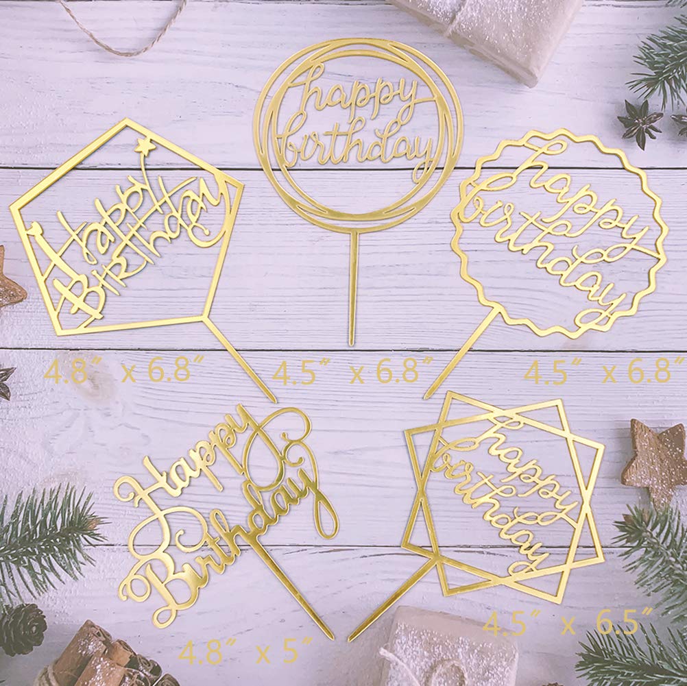 Gold Cake Topper Acrylic Happy Birthday Cake Decoration Supplies (5 Pieces)