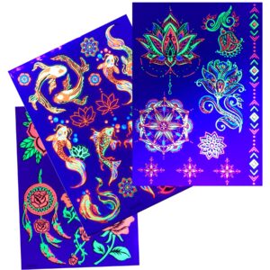 temporary tattoos – 3 sheets tattoo design body art blacklight reactive light festival accessories glow in the dark party supplies | 7.2” x 5.2” temp tattoos great for edm edc party rave parties