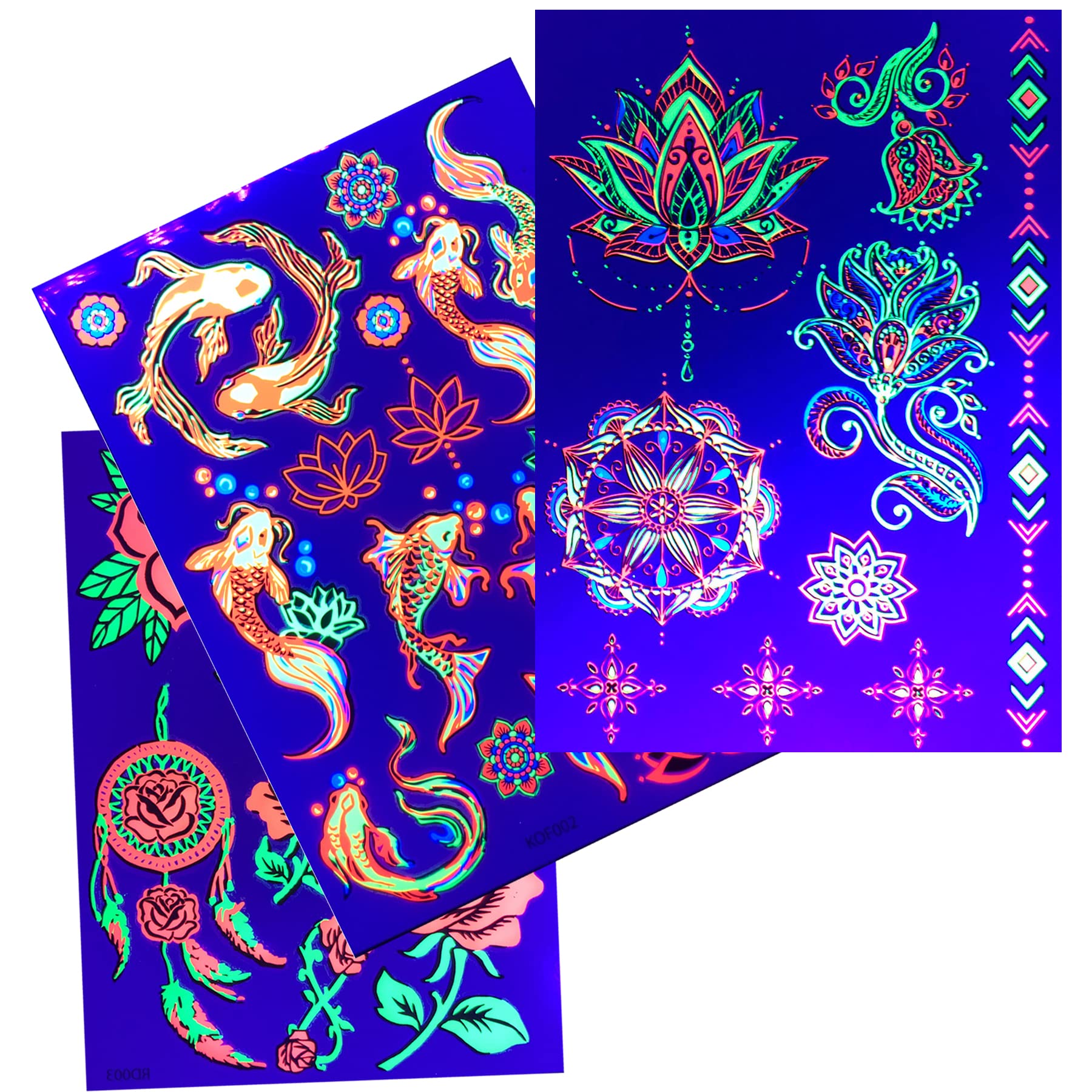 Temporary Tattoos – 3 Sheets Tattoo Design Body Art Blacklight Reactive Light Festival Accessories Glow in the Dark Party Supplies | 7.2” x 5.2” Temp Tattoos Great for EDM EDC Party Rave Parties