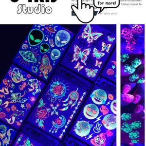 Temporary Tattoos – 3 Sheets Tattoo Design Body Art Blacklight Reactive Light Festival Accessories Glow in the Dark Party Supplies | 7.2” x 5.2” Temp Tattoos Great for EDM EDC Party Rave Parties