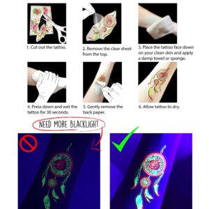 Temporary Tattoos – 3 Sheets Tattoo Design Body Art Blacklight Reactive Light Festival Accessories Glow in the Dark Party Supplies | 7.2” x 5.2” Temp Tattoos Great for EDM EDC Party Rave Parties