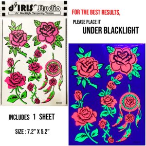 Temporary Tattoos – 3 Sheets Tattoo Design Body Art Blacklight Reactive Light Festival Accessories Glow in the Dark Party Supplies | 7.2” x 5.2” Temp Tattoos Great for EDM EDC Party Rave Parties