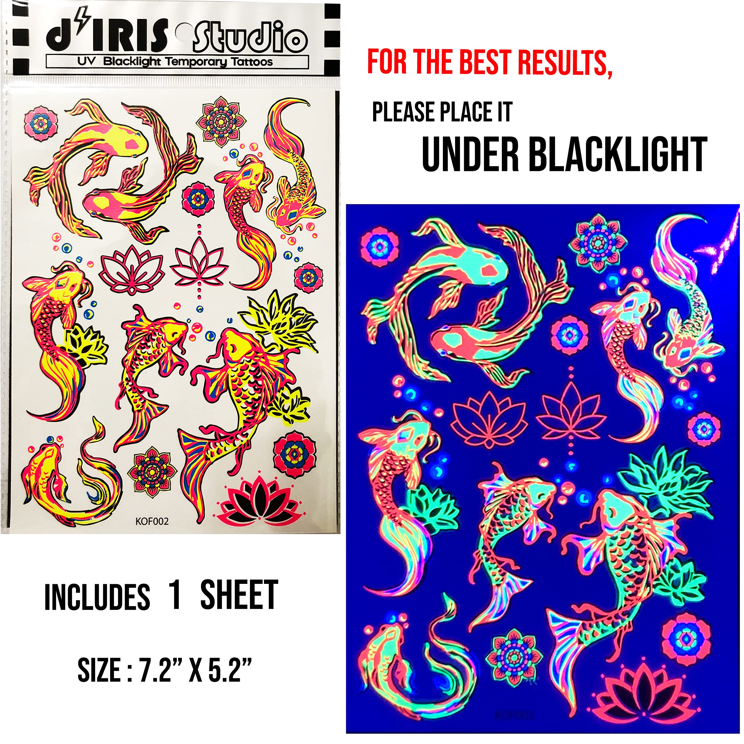 Temporary Tattoos – 3 Sheets Tattoo Design Body Art Blacklight Reactive Light Festival Accessories Glow in the Dark Party Supplies | 7.2” x 5.2” Temp Tattoos Great for EDM EDC Party Rave Parties