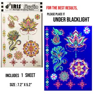 Temporary Tattoos – 3 Sheets Tattoo Design Body Art Blacklight Reactive Light Festival Accessories Glow in the Dark Party Supplies | 7.2” x 5.2” Temp Tattoos Great for EDM EDC Party Rave Parties