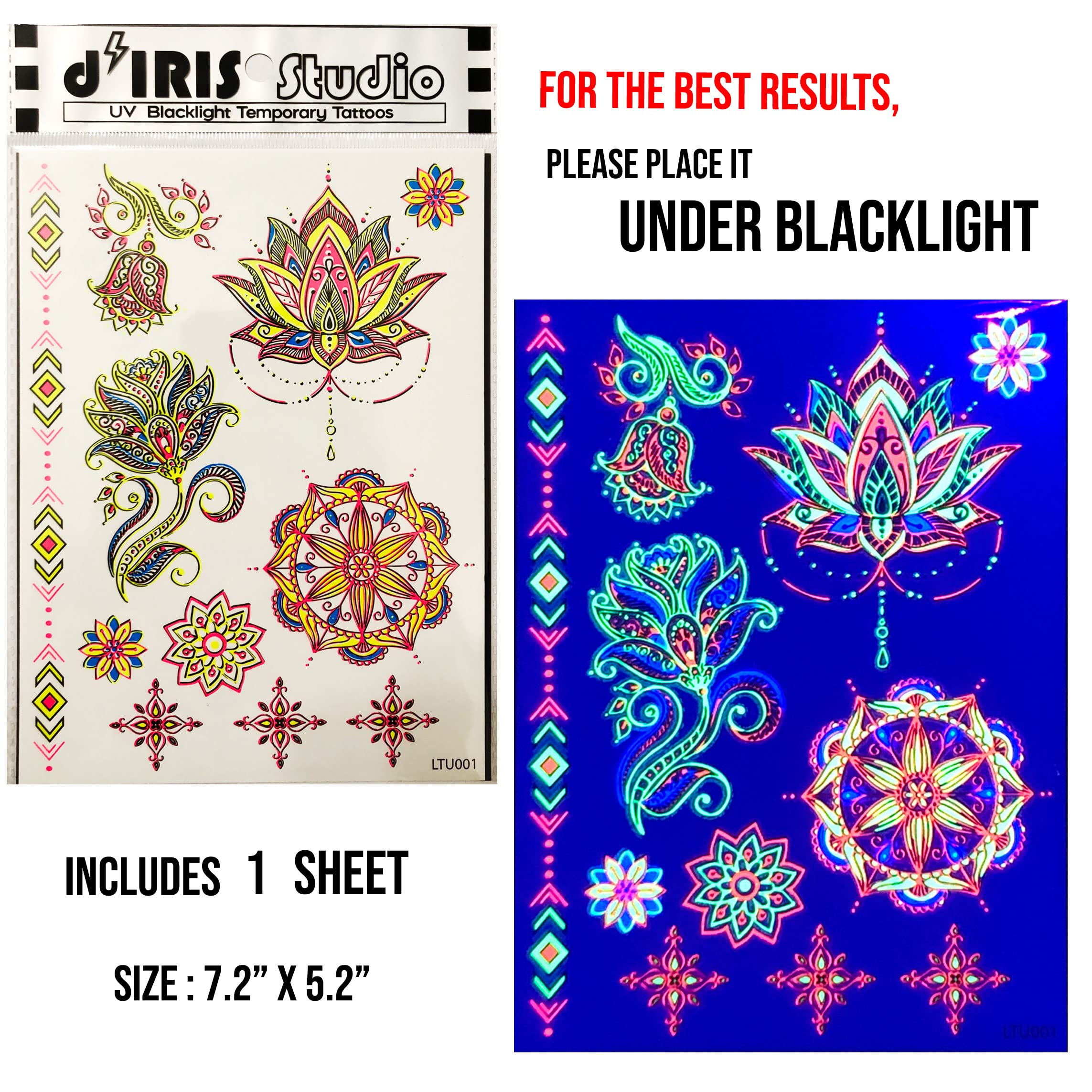 Temporary Tattoos – 3 Sheets Tattoo Design Body Art Blacklight Reactive Light Festival Accessories Glow in the Dark Party Supplies | 7.2” x 5.2” Temp Tattoos Great for EDM EDC Party Rave Parties