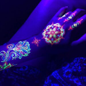 Temporary Tattoos – 3 Sheets Tattoo Design Body Art Blacklight Reactive Light Festival Accessories Glow in the Dark Party Supplies | 7.2” x 5.2” Temp Tattoos Great for EDM EDC Party Rave Parties