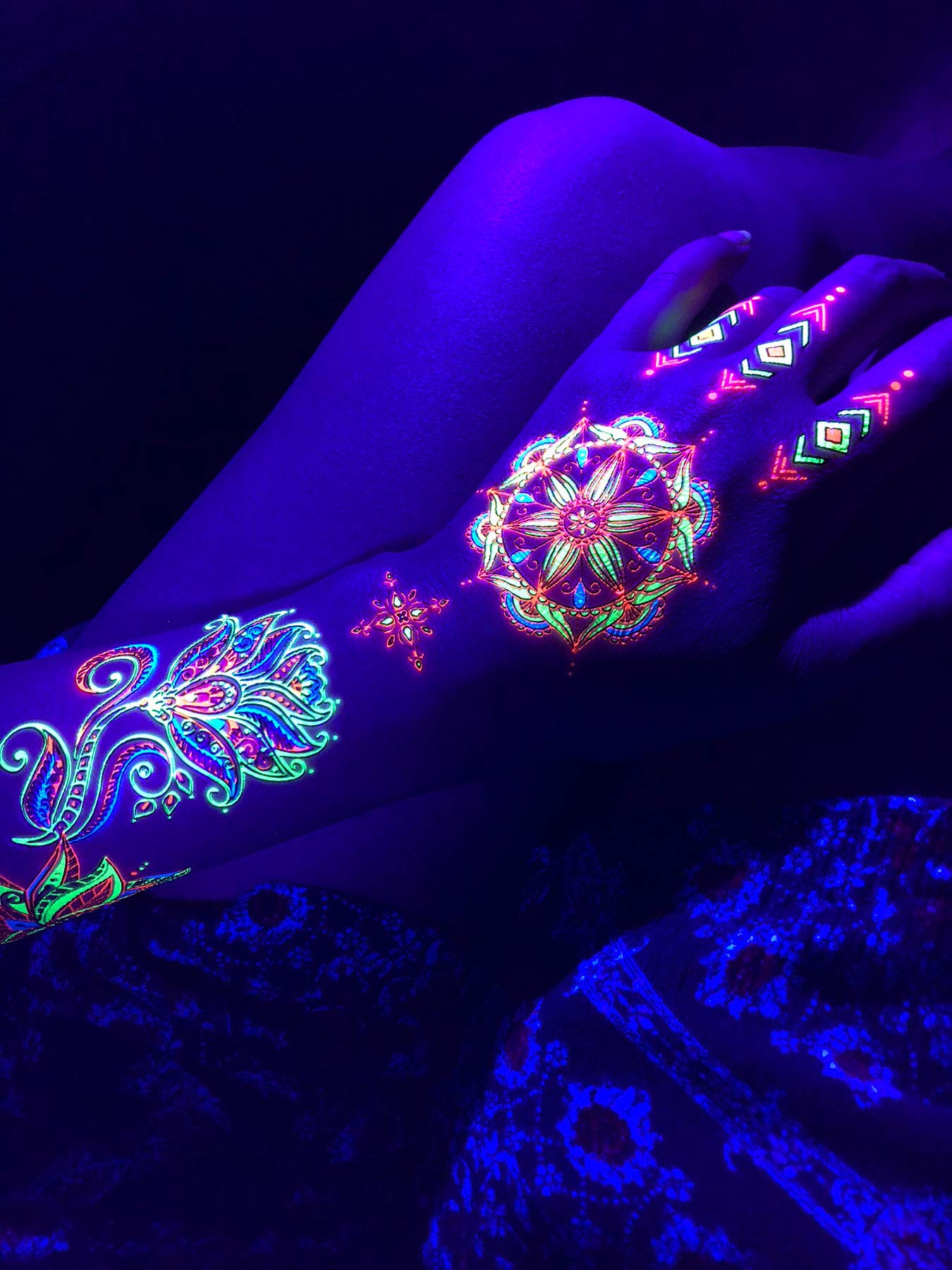 Temporary Tattoos – 3 Sheets Tattoo Design Body Art Blacklight Reactive Light Festival Accessories Glow in the Dark Party Supplies | 7.2” x 5.2” Temp Tattoos Great for EDM EDC Party Rave Parties