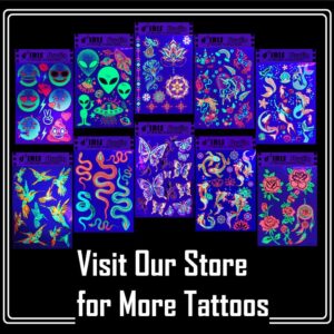 Temporary Tattoos – 3 Sheets Tattoo Design Body Art Blacklight Reactive Light Festival Accessories Glow in the Dark Party Supplies | 7.2” x 5.2” Temp Tattoos Great for EDM EDC Party Rave Parties