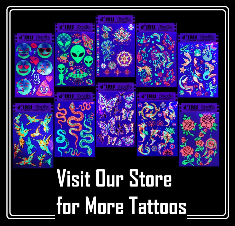 Temporary Tattoos – 3 Sheets Tattoo Design Body Art Blacklight Reactive Light Festival Accessories Glow in the Dark Party Supplies | 7.2” x 5.2” Temp Tattoos Great for EDM EDC Party Rave Parties