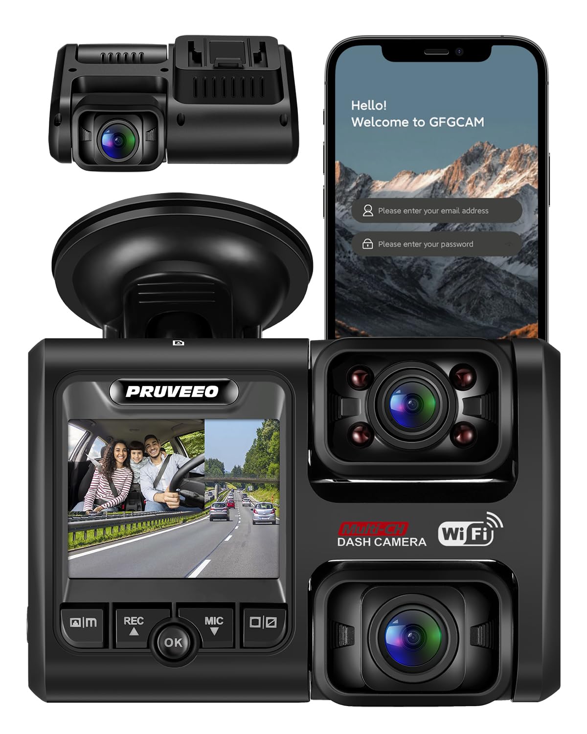 PRUVEEO Dash Cam, Front and Inside 1080P Dual FHD, Novatek Processor, Single-Channel 2160P, Built-in WiFi, 24H Parking Monitor, 2 Inch LCD Camera, 512 Gb Max, G-Sensor, Infrared Night Vision