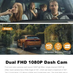 PRUVEEO Dash Cam, Front and Inside 1080P Dual FHD, Novatek Processor, Single-Channel 2160P, Built-in WiFi, 24H Parking Monitor, 2 Inch LCD Camera, 512 Gb Max, G-Sensor, Infrared Night Vision