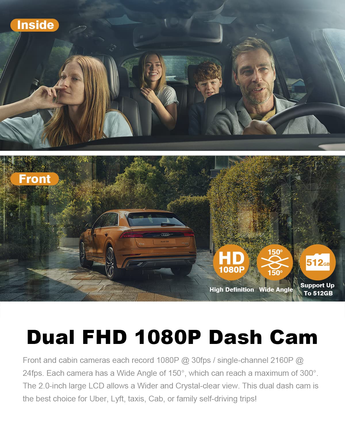 PRUVEEO Dash Cam, Front and Inside 1080P Dual FHD, Novatek Processor, Single-Channel 2160P, Built-in WiFi, 24H Parking Monitor, 2 Inch LCD Camera, 512 Gb Max, G-Sensor, Infrared Night Vision