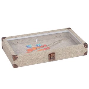 888 display usa - burlap storage/jewelry case with glass top and latch display tray