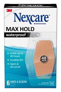 nexcare max hold waterproof bandages, stays on for 48 hours, flexible bandages for fingers, knees and heels - 6 pack clear waterproof bandages