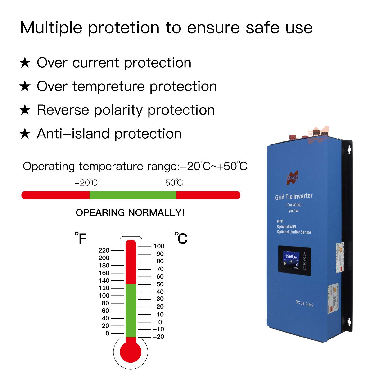 Marsrock 2KW 2000W Windmill MPPT Wind Grid Tie Inverter Power Inverter with Current Limiter Sensor for 24V/48V AC Wind Turbine Auto Match US 2 Phase Grid AC 240V Optional APP(W2000G2-240) Blue