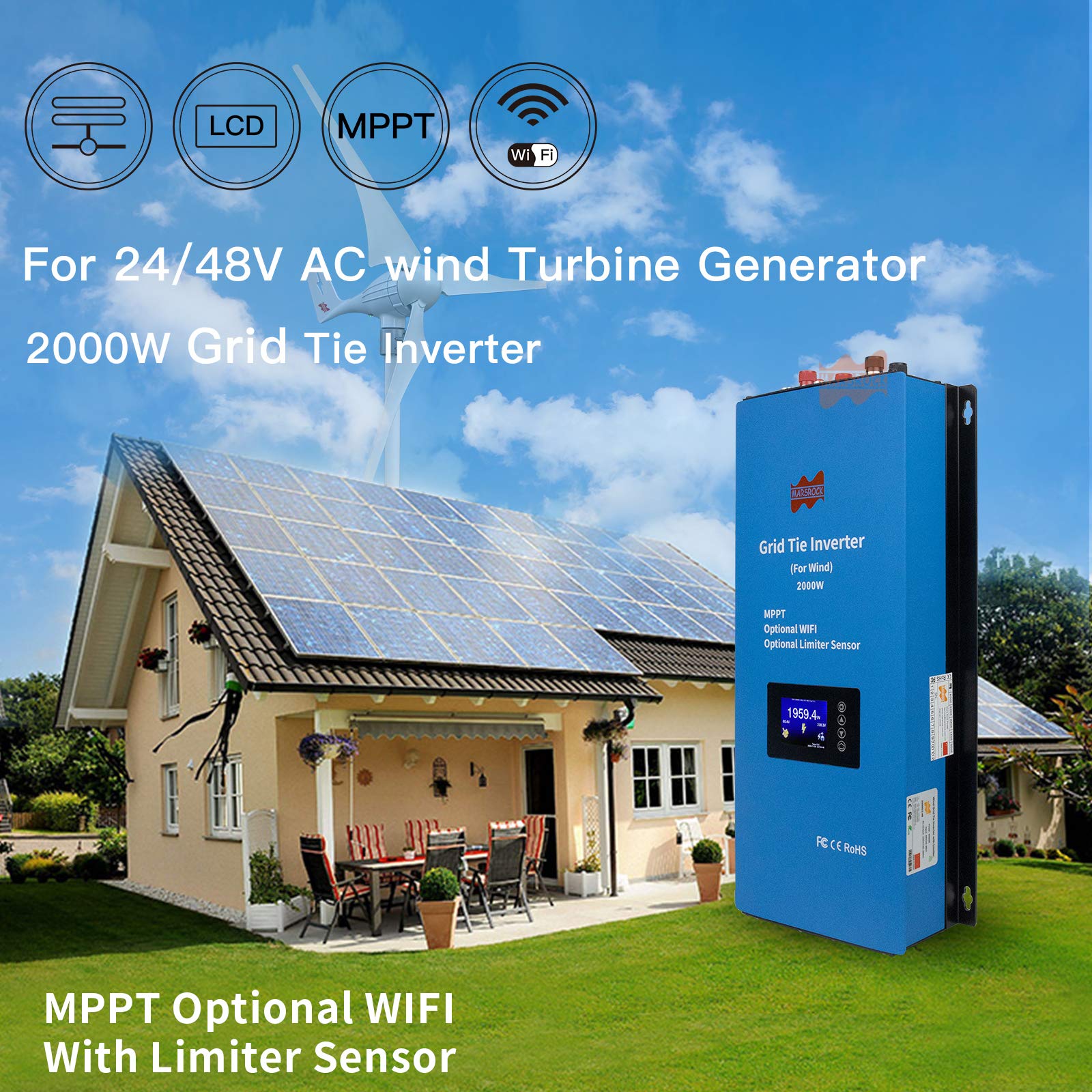 Marsrock 2KW 2000W Windmill MPPT Wind Grid Tie Inverter Power Inverter with Current Limiter Sensor for 24V/48V AC Wind Turbine Auto Match US 2 Phase Grid AC 240V Optional APP(W2000G2-240) Blue