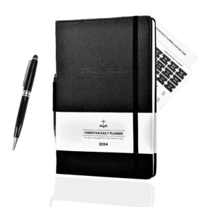 2024 christian daily planner black 7" x 10" monthly and weekly planner, journal & church companion w/ metal pen, no bleed paper, scripture & more!