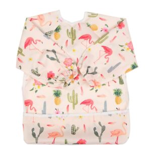 sigzagor baby bib sleeved shirt with pocket 1-3 years old toddler painting for girls (flamingo cactus)