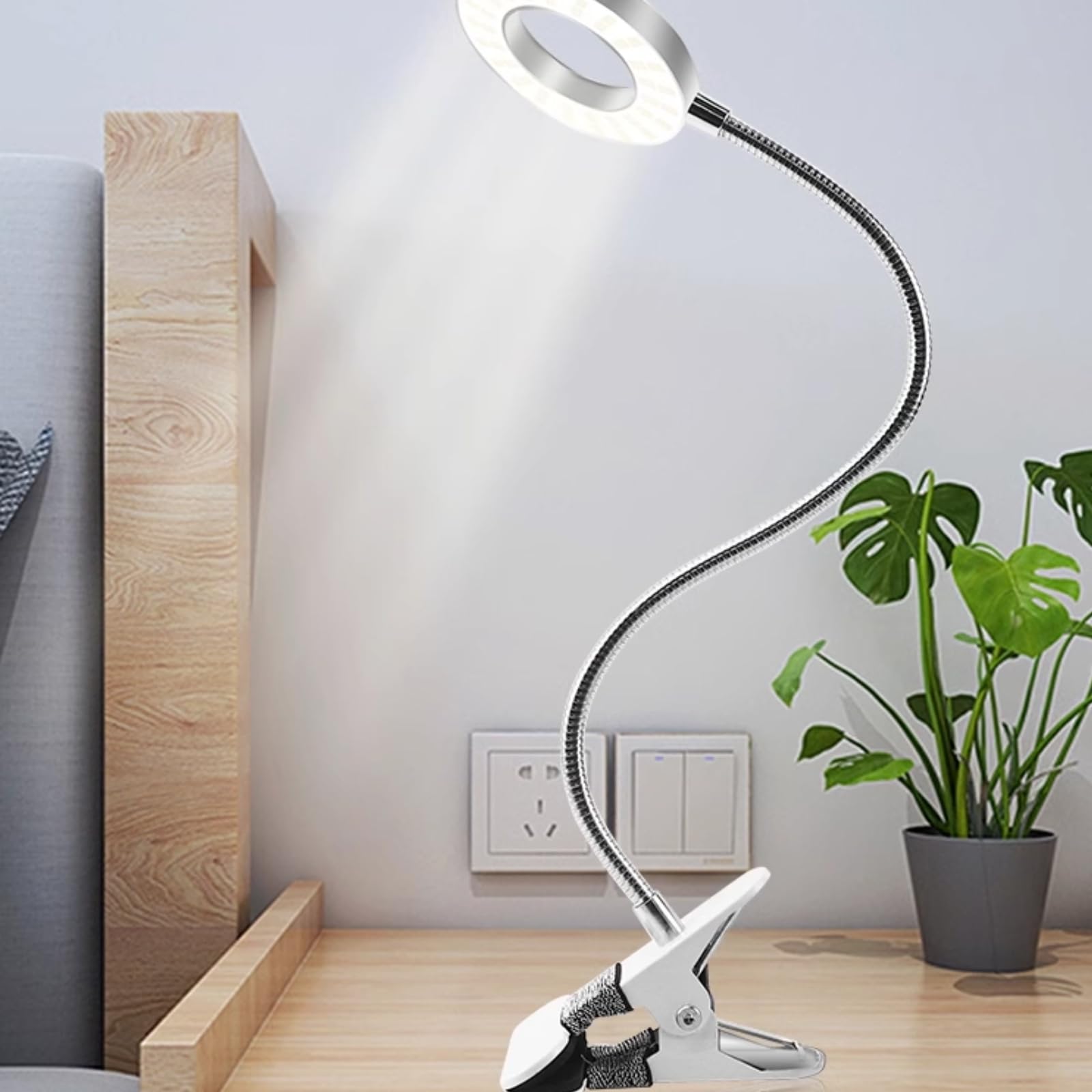 Desk Lamp Clip on Light, USB Powered LED Desk Lamp, Reading Light, Round Ring Arm Flexible Swing Eye Protection Eye Caring Small Lamp for Bed Headboard Reading Makeup Eyebrow