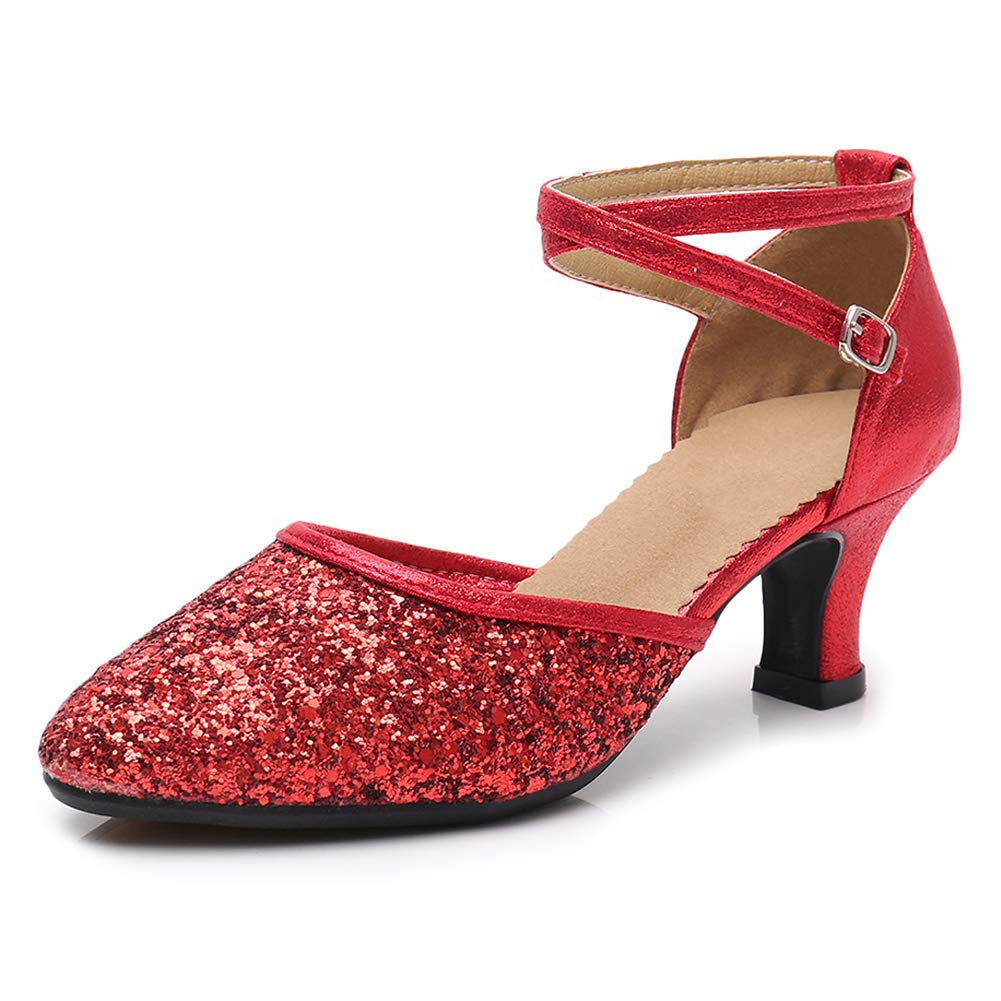 SWDZM Glitter Women's Latin Dance Shoes Closed Toe Sequins Ballroom Salsa Tango Party Practice Performance Dance Shoes,DY225-Red-5-J,US 9.5