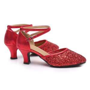 SWDZM Glitter Women's Latin Dance Shoes Closed Toe Sequins Ballroom Salsa Tango Party Practice Performance Dance Shoes,DY225-Red-5-J,US 9.5