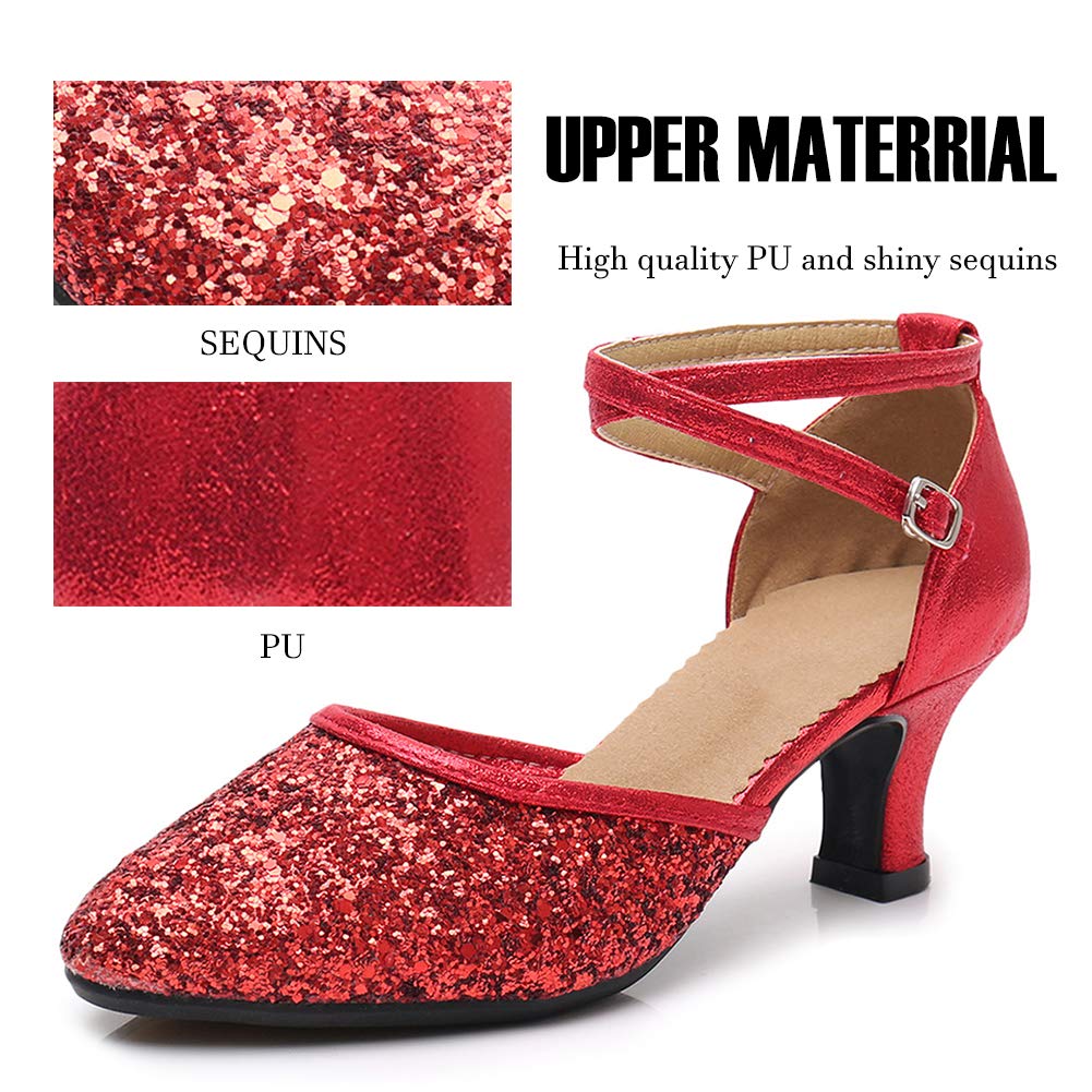 SWDZM Glitter Women's Latin Dance Shoes Closed Toe Sequins Ballroom Salsa Tango Party Practice Performance Dance Shoes,DY225-Red-5-J,US 9.5