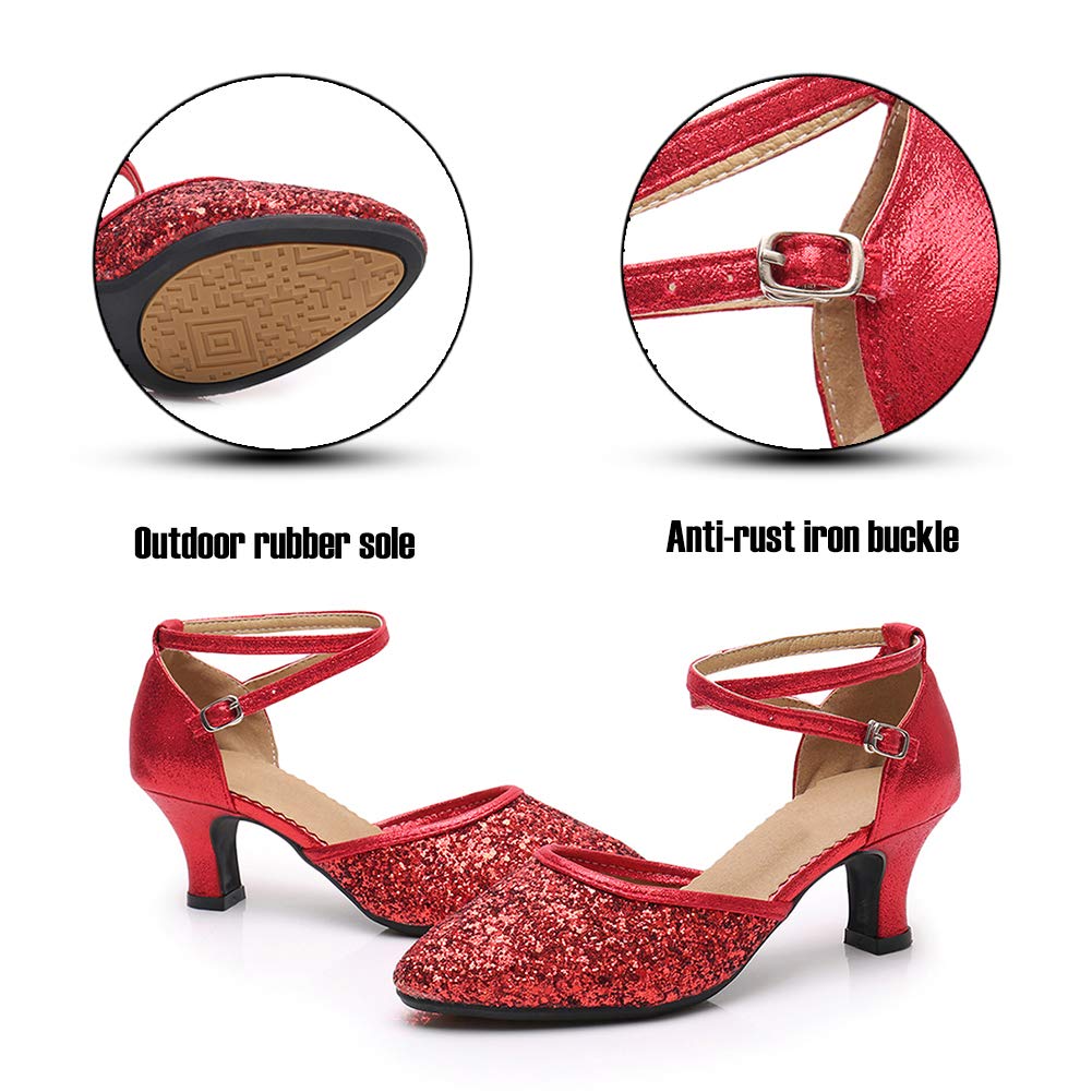 SWDZM Glitter Women's Latin Dance Shoes Closed Toe Sequins Ballroom Salsa Tango Party Practice Performance Dance Shoes,DY225-Red-5-J,US 9.5