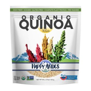 happy andes organic white quinoa 3 pound -non-gmo,100% peruvian, superior taste,gluten-free,rice replacement, pre-washed, whole grain, usda-certified, complete plant protein, superfoods peru, high in fiber&iron, kosher