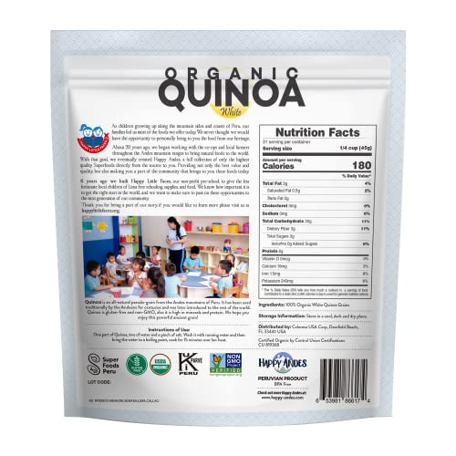 Happy Andes Organic White Quinoa 3 Pound -Non-GMO,100% Peruvian, Superior taste,Gluten-free,rice replacement, Pre-washed, whole grain, USDA-certified, Complete Plant Protein, superfoods Peru, high in fiber&iron, kosher
