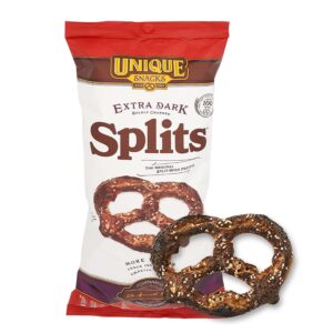 unique snacks extra dark splits pretzels, original split-open pretzels, delicious homestyle baked snack bag, vegan, ou kosher, and non-gmo food, no artificial flavor, 11 oz. bag, pack of 6