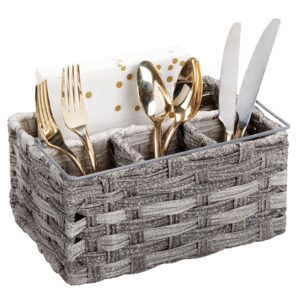 mdesign plastic woven divided cutlery storage organizer caddy tote - basket holder for kitchen table, cabinet, pantry - holds silverware, forks, knives, spoons, napkins and other utensils - gray