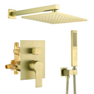 shamanda brass rainfall shower system, luxuly bathroom shower faucet combo set brushed gold(including rough-in valve body and trim), l70001-3